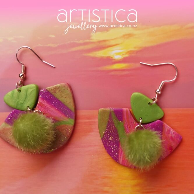 E0049a earrings artistica polymer clay pink purple green gold glitter pompom