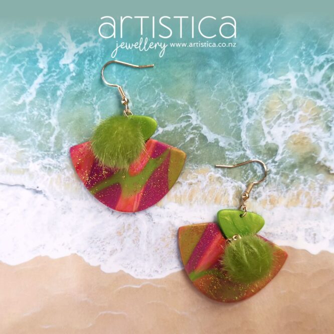 E0049a earrings artistica polymer clay pink purple green gold glitter pompom