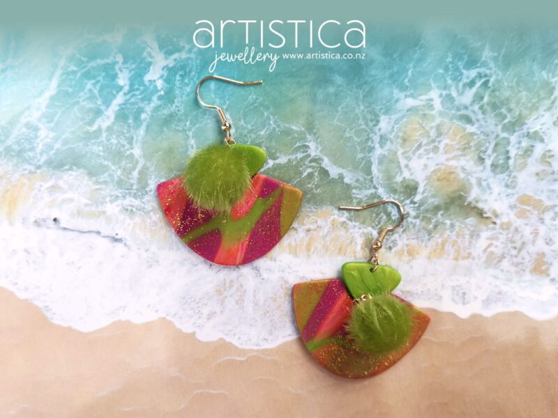 E0049a earrings artistica polymer clay pink purple green gold glitter pompom