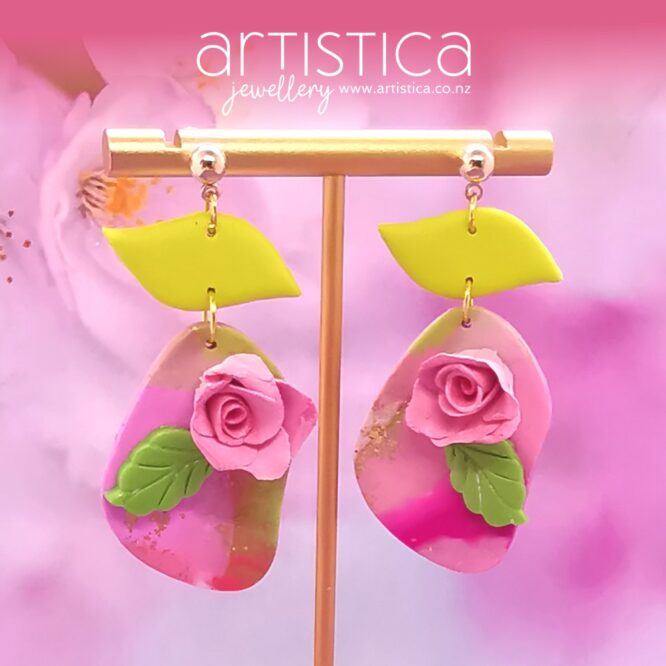 E0050-earrings-artistica-polymer-clay-pink-green-gold-leaf