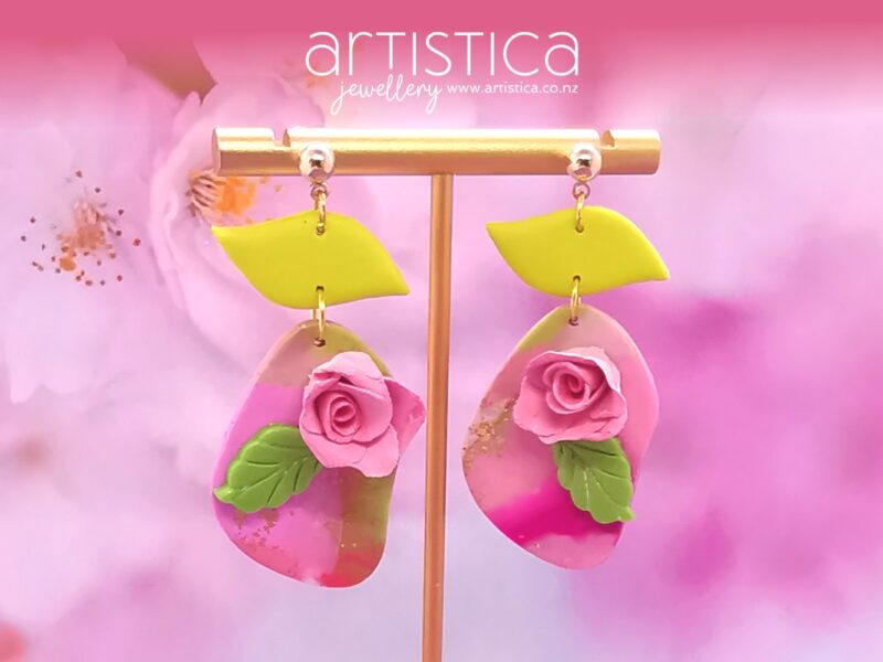 E0050-earrings-artistica-polymer-clay-pink-green-gold-leaf