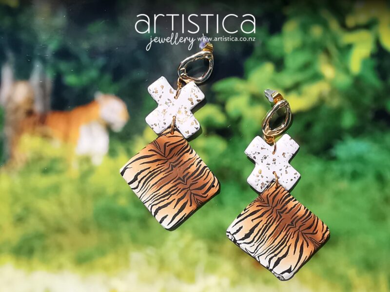 Tiger earrings polymer clay handcrafted by Artistica NZ