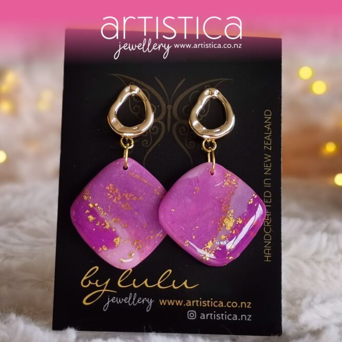purple earrings with pink and gold