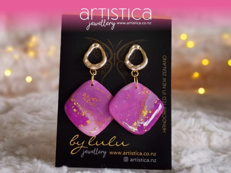 purple earrings with pink and gold