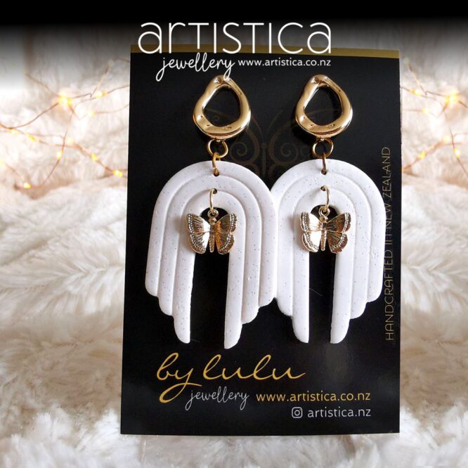 white and gold earrings with butterfly gold coated handcrafted
