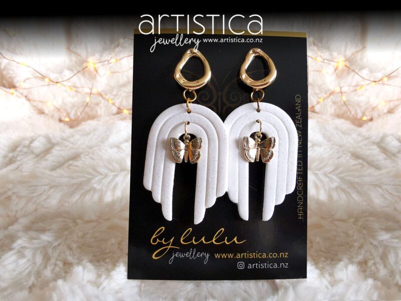 white and gold earrings with butterfly gold coated handcrafted