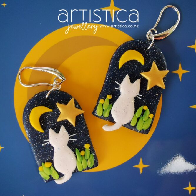 E0701d earrings artistica polymer clay cat moon stars glitter