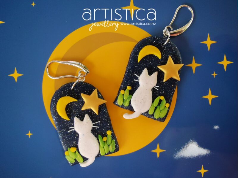 E0701d earrings artistica polymer clay cat moon stars glitter