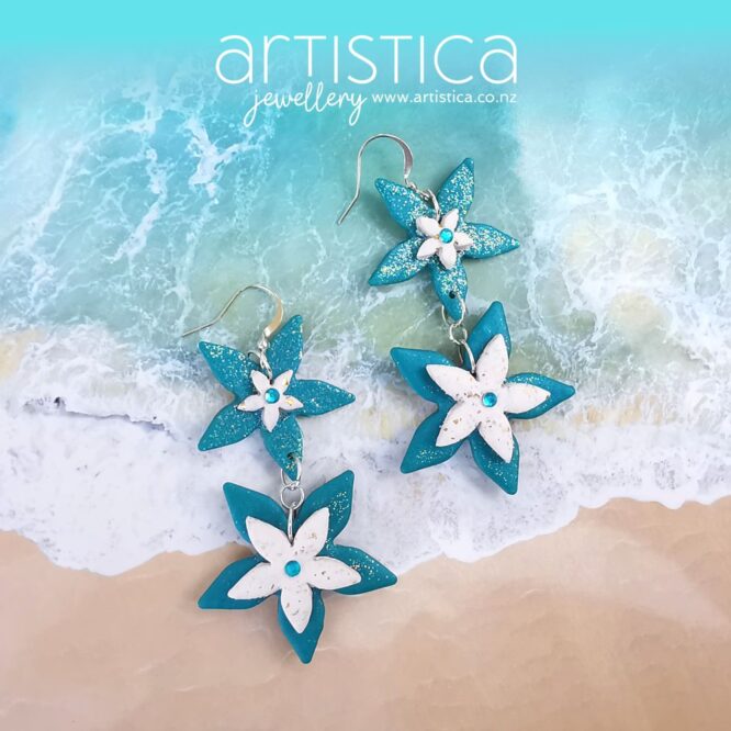 E0301a earrings artistica polymer clay stars blue, white gold dangles
