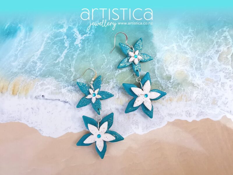 E0301a earrings artistica polymer clay stars blue, white gold dangles