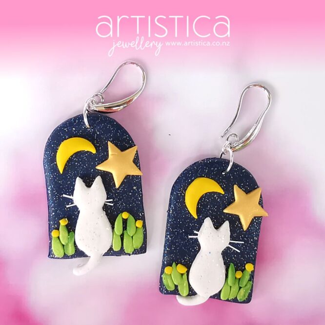 E0701d earrings artistica polymer clay cat moon stars glitter