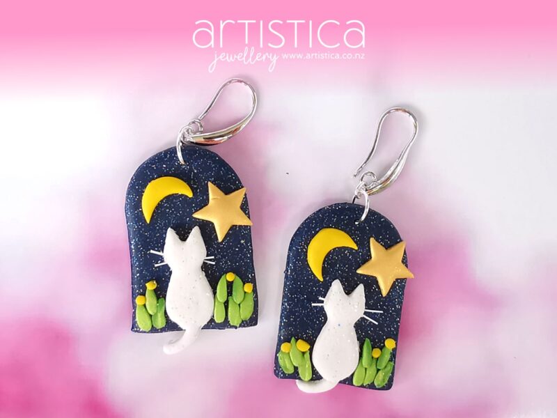 E0701d earrings artistica polymer clay cat moon stars glitter