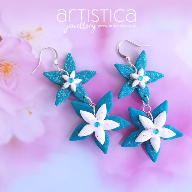 E0301a earrings artistica polymer clay stars blue, white gold dangles