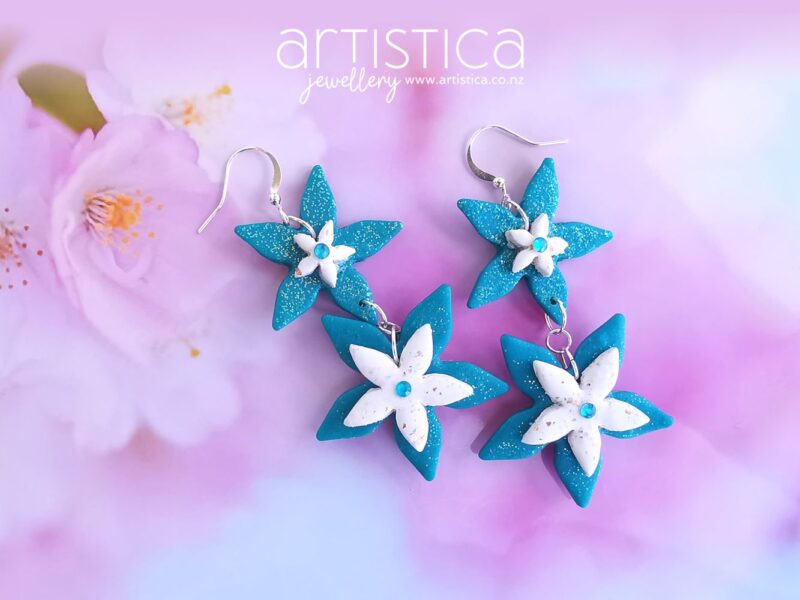 E0301a earrings artistica polymer clay stars blue, white gold dangles