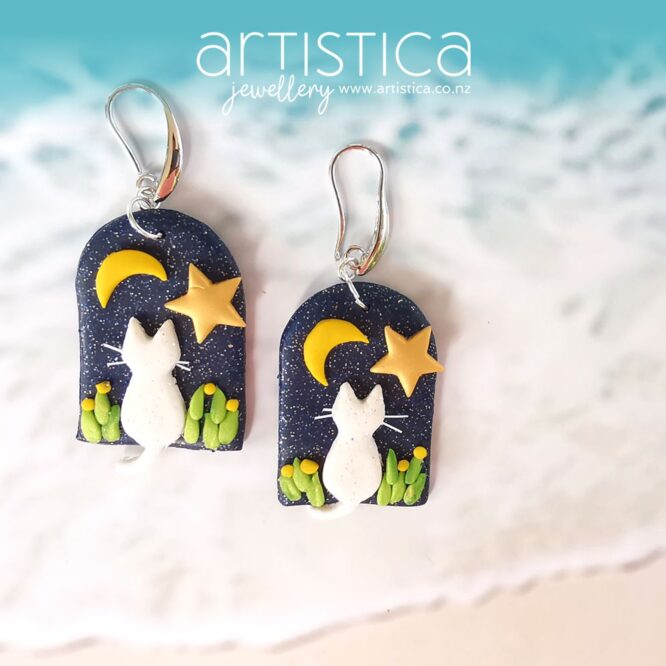 E0701d earrings artistica polymer clay cat moon stars glitter