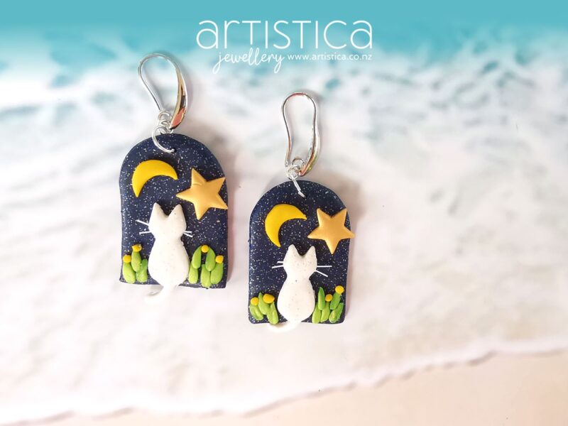 E0701d earrings artistica polymer clay cat moon stars glitter