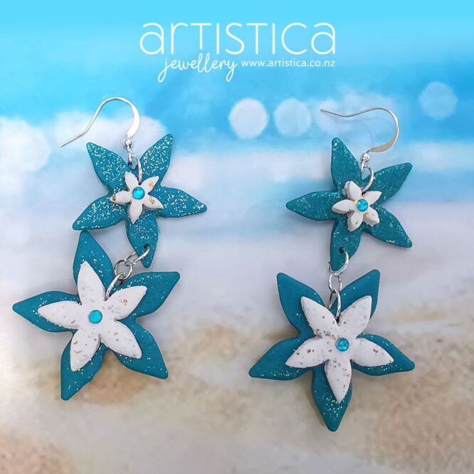 E0301a earrings artistica polymer clay stars blue, white gold dangles
