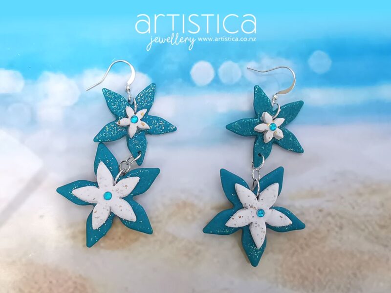 E0301a earrings artistica polymer clay stars blue, white gold dangles