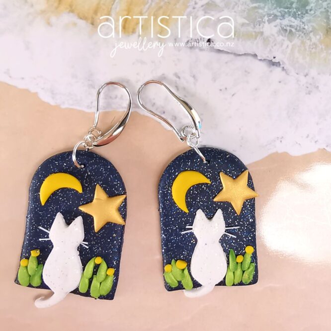 E0701d earrings artistica polymer clay cat moon stars glitter