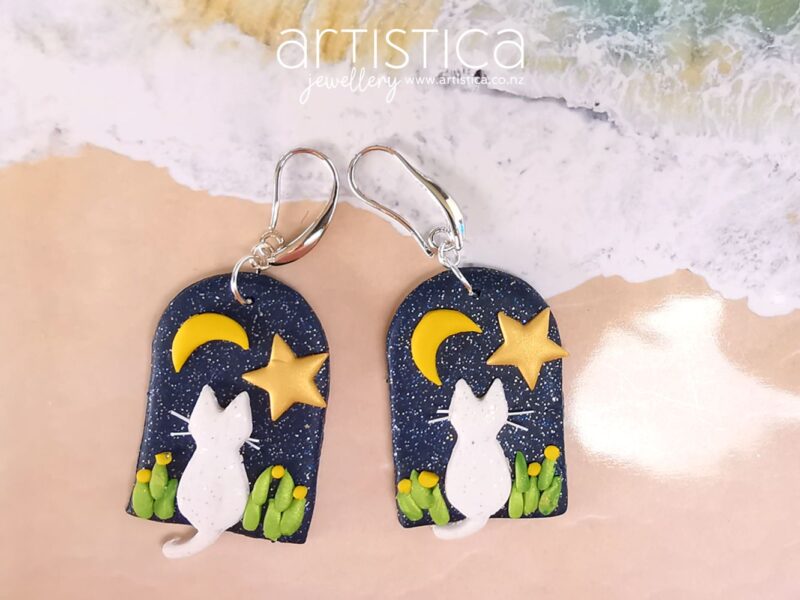 E0701d earrings artistica polymer clay cat moon stars glitter