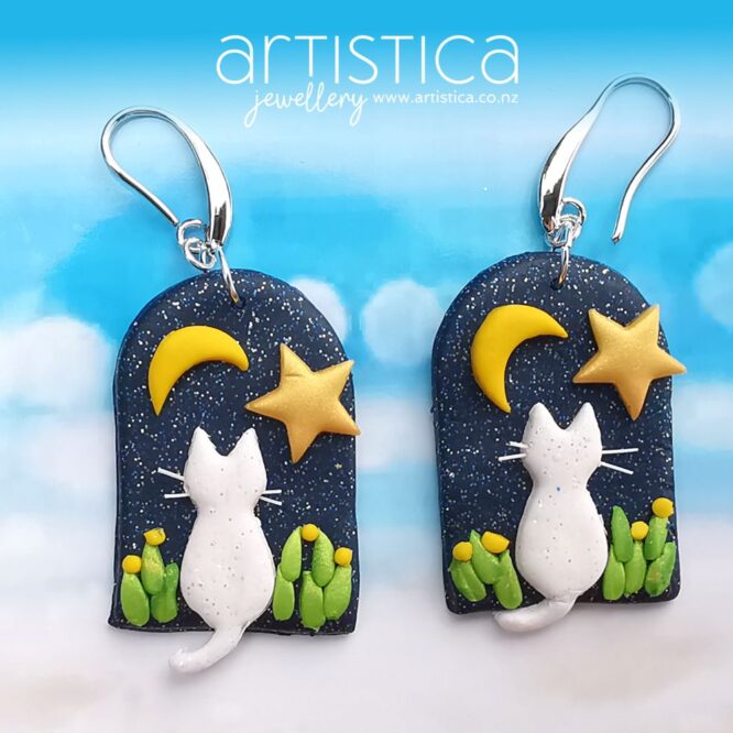 E0701d earrings artistica polymer clay cat moon stars glitter