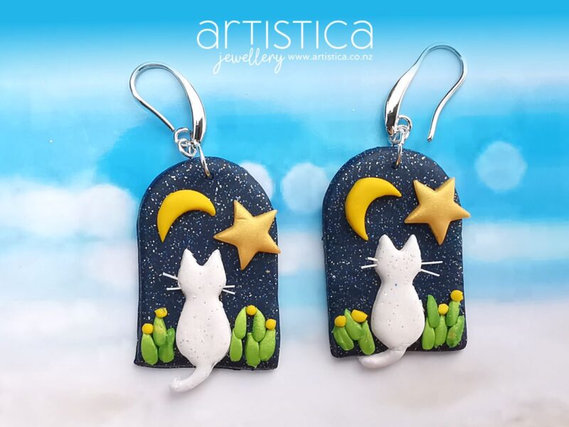 E0701d earrings artistica polymer clay cat moon stars glitter