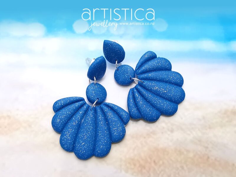 E0304 earrings artistica polymer clay blue scallops