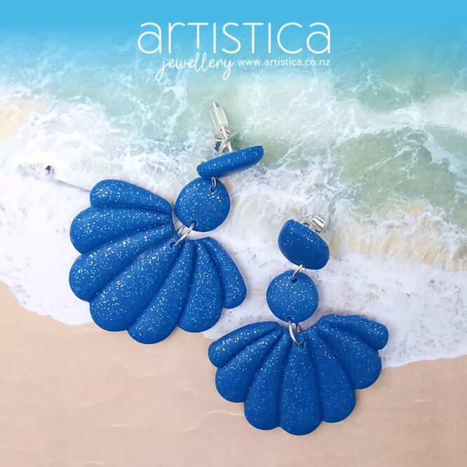E0304 earrings artistica polymer clay blue scallops