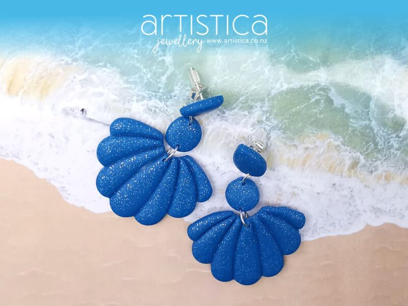 E0304 earrings artistica polymer clay blue scallops
