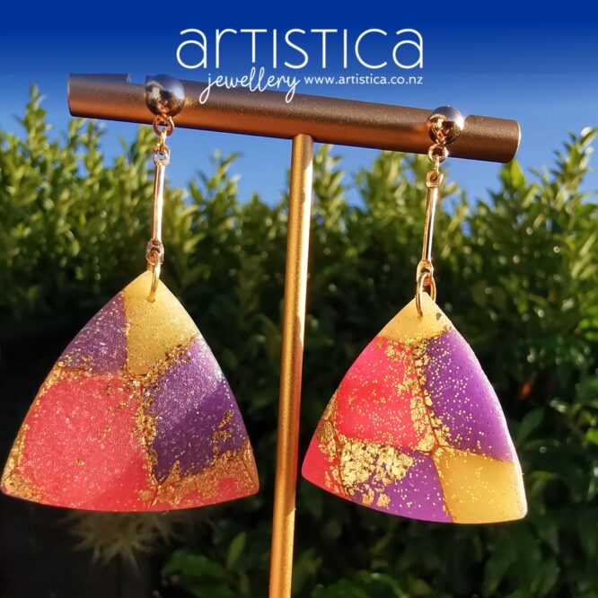New Zealand hand made earrings artistica-polymer clay pink purple translucent kaleidoscope