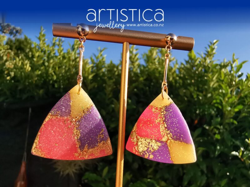 New Zealand hand made earrings artistica-polymer clay pink purple translucent kaleidoscope