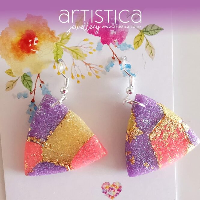 New Zealand hand made earrings artistica-polymer clay pink purple translucent kaleidoscope