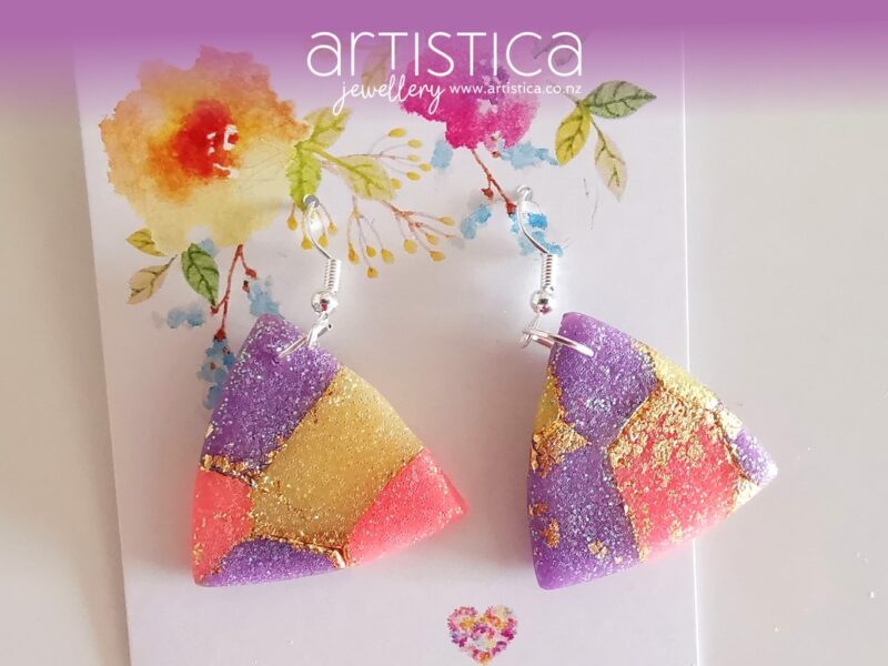 New Zealand hand made earrings artistica-polymer clay pink purple translucent kaleidoscope