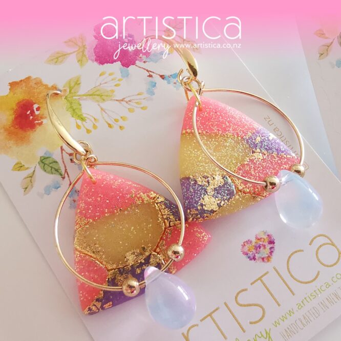 New Zealand hand made earrings artistica-polymer clay pink purple translucent kaleidoscope