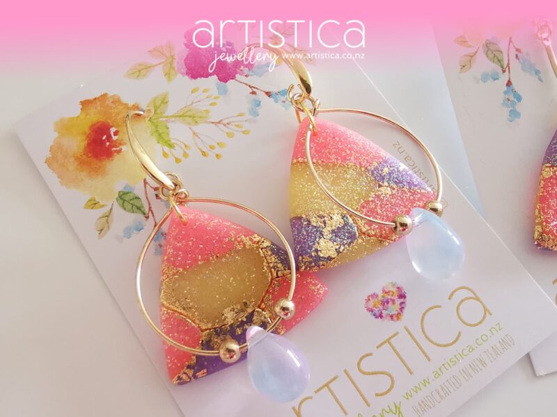 New Zealand hand made earrings artistica-polymer clay pink purple translucent kaleidoscope