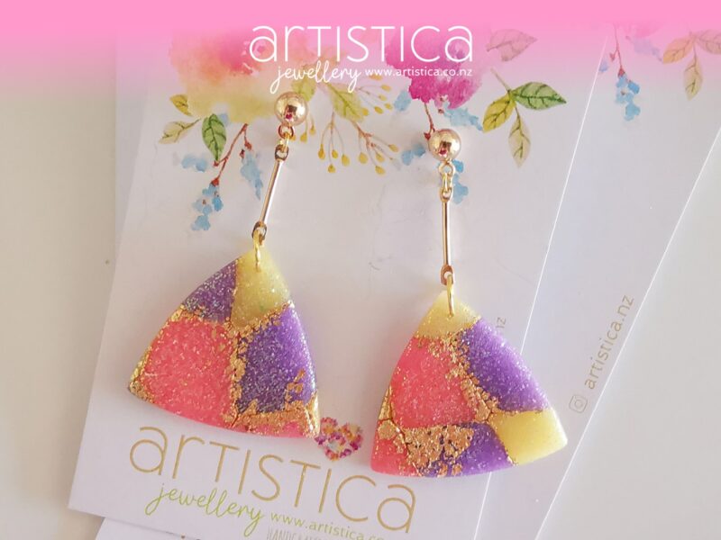 New Zealand hand made earrings artistica-polymer clay pink purple translucent kaleidoscope
