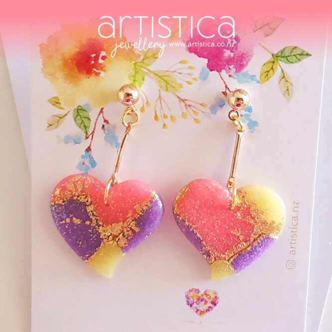 New Zealand hand made earrings artistica-polymer clay pink purple translucent heart