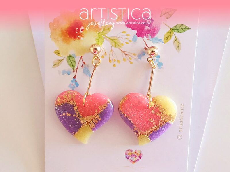 New Zealand hand made earrings artistica-polymer clay pink purple translucent heart