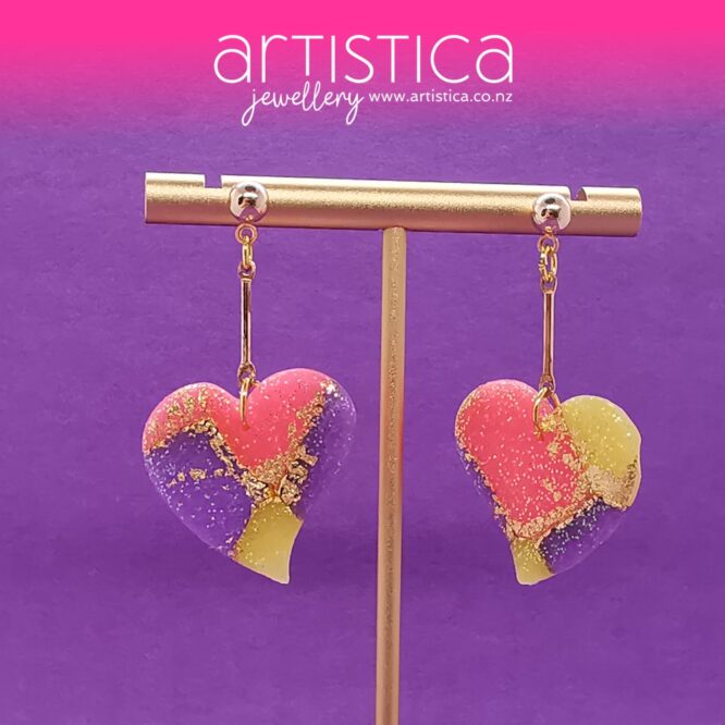 New Zealand hand made earrings artistica-polymer clay pink purple translucent heart