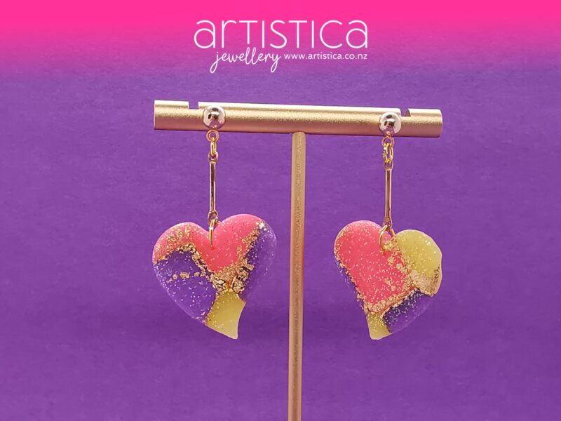 New Zealand hand made earrings artistica-polymer clay pink purple translucent heart