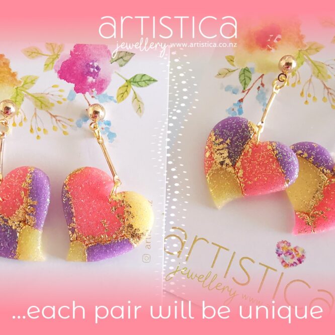 New Zealand hand made earrings artistica-polymer clay pink purple translucent heart