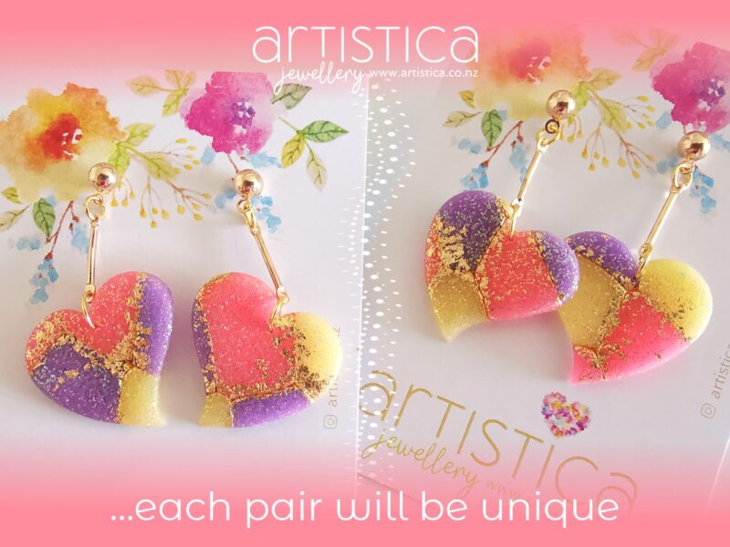 New Zealand hand made earrings artistica-polymer clay pink purple translucent heart