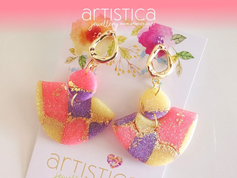 New Zealand hand made earrings artistica-polymer clay pink purple translucent talula