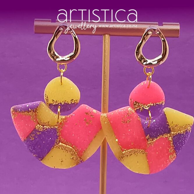 New Zealand hand made earrings artistica-polymer clay pink purple translucent talula