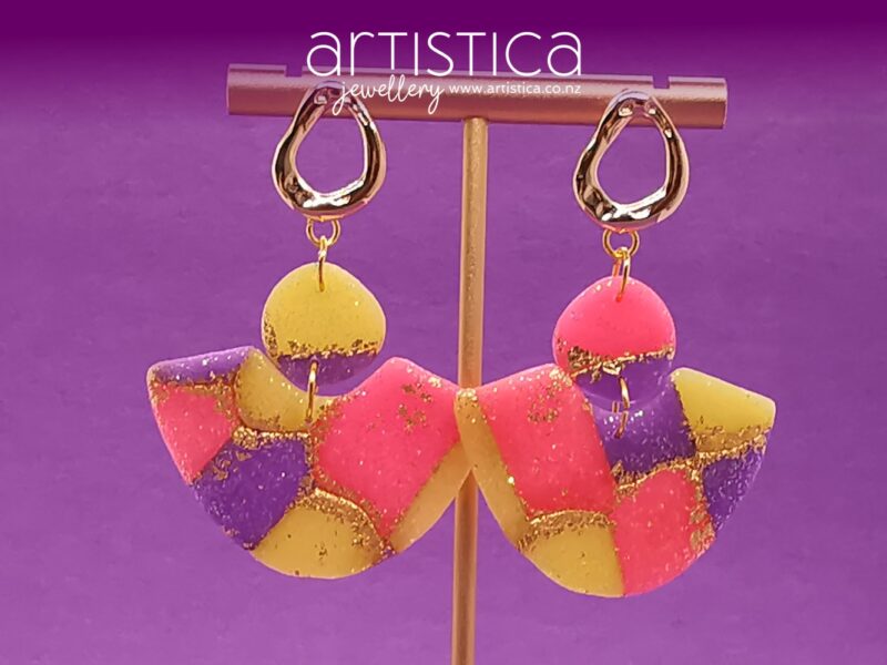 New Zealand hand made earrings artistica-polymer clay pink purple translucent talula