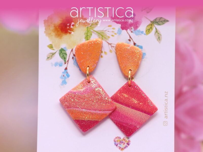 pink and orange earrings polymer clay handcrafted by Artistica NZ
