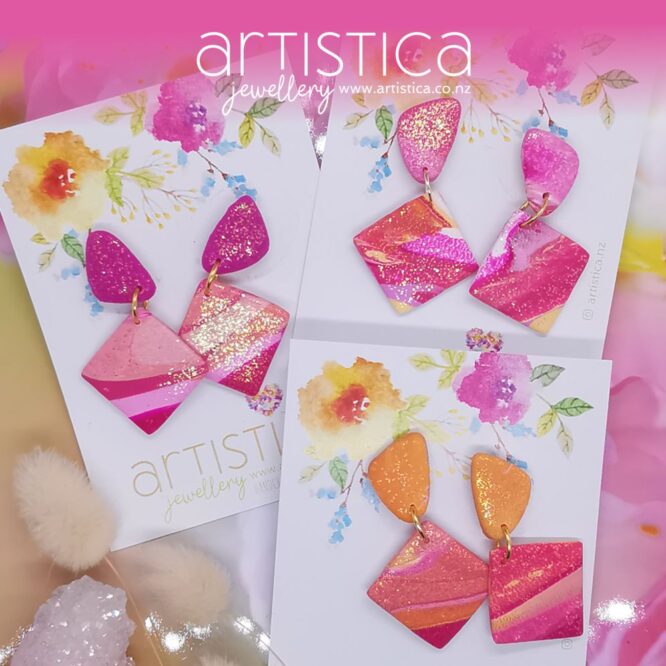 3 pink earrings polymer clay handcrafted by Artistica NZ