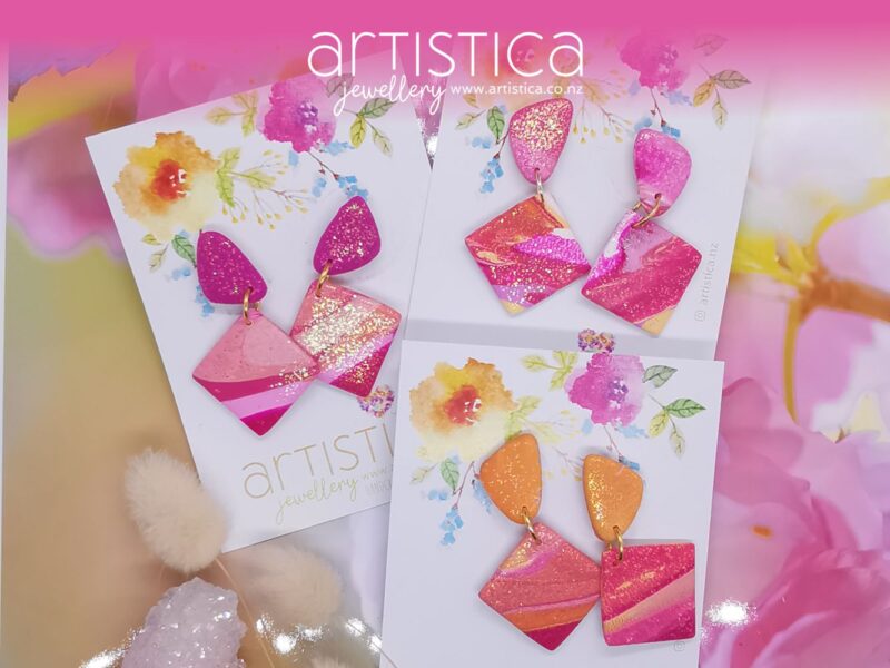 3 pink earrings polymer clay handcrafted by Artistica NZ