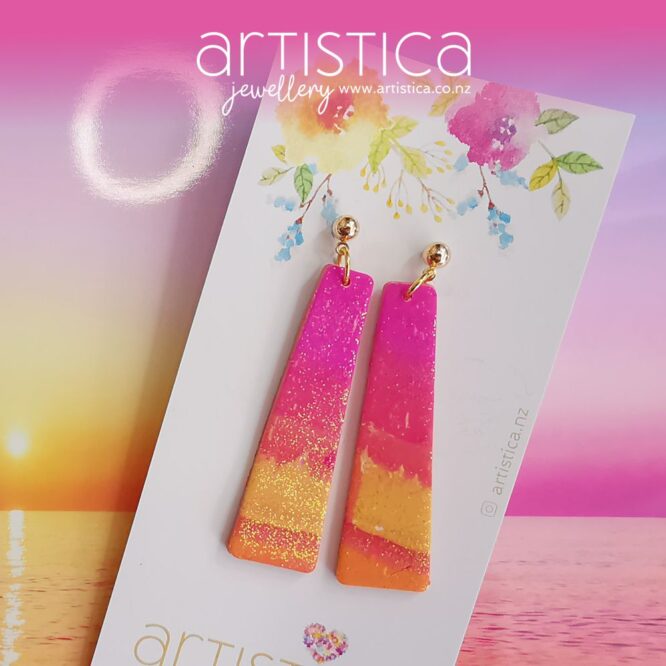 polymer clay earrings handcrafted in New Zealand by Artistica pink yellow long