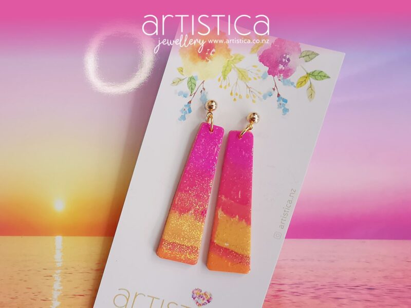 polymer clay earrings handcrafted in New Zealand by Artistica pink yellow long